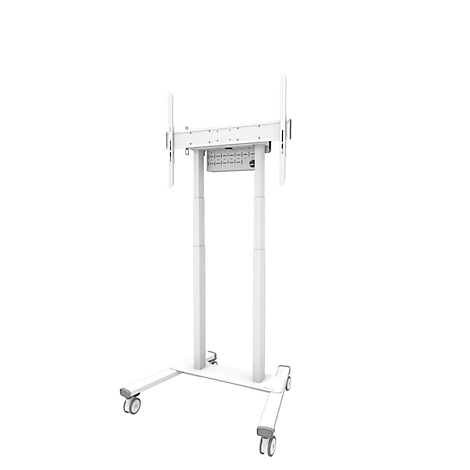 Support TV blanc avec roulettes, pour écrans plats. Il se compose de deux colonnes verticales, d'un support et de quatre roulettes.