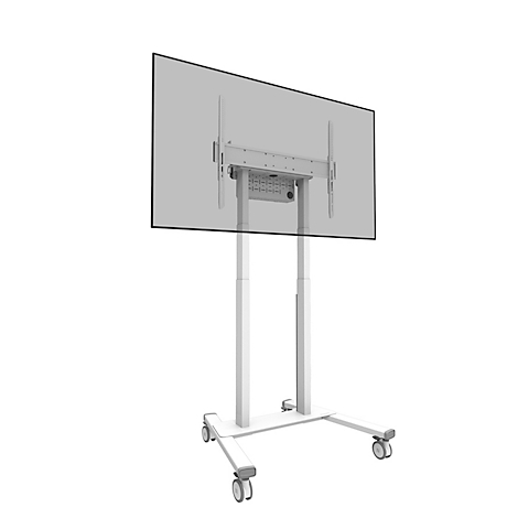 Un support de télévision blanc sur roulettes, avec un grand écran sombre.