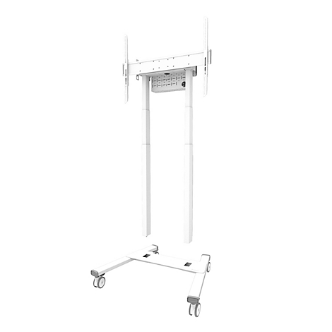 Support TV blanc avec roulettes, composé de pieds et d'un support.