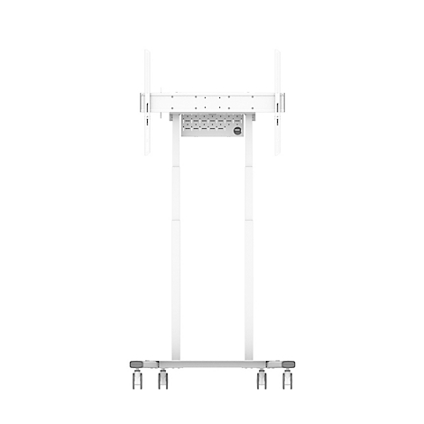Un support TV mobile blanc sur lequel un écran peut être monté. Il repose sur des roulettes.