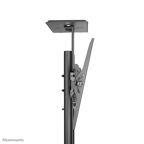 Support TV noir, vue latérale, avec support pour l'écran et fixation au plafond.