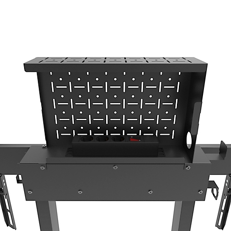 Un support TV noir avec un écran fixé au support sur un fond blanc.