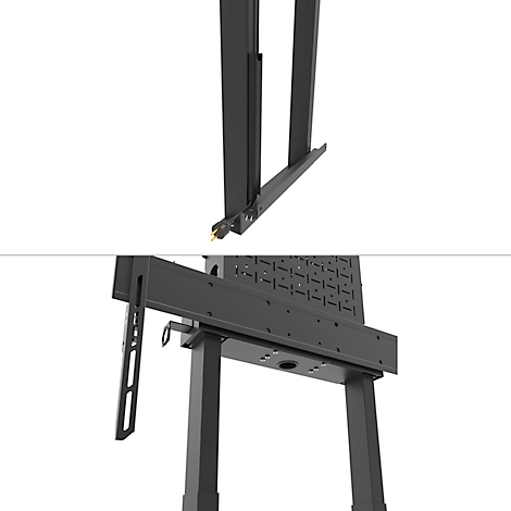 Gros plan d'un support TV noir fixé sur un fond blanc.