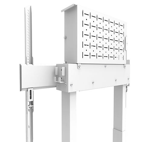 Cadre métallique blanc avec boîte perforée et supports. Plan détaillé.