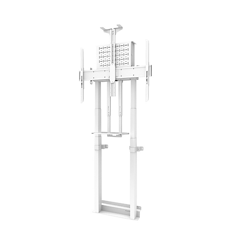 Support TV blanc, réglable en hauteur, avec support pour deux écrans, sur fond blanc.