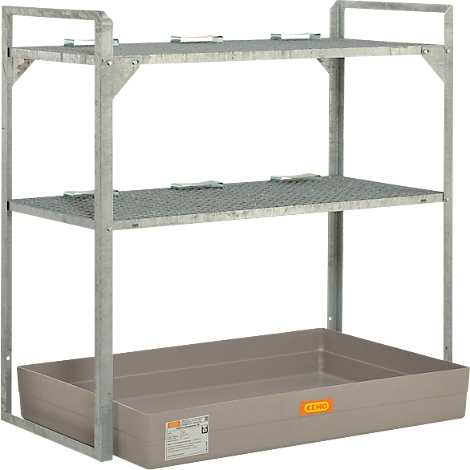 Étagère métallique avec deux étagères et un bac de récupération gris.