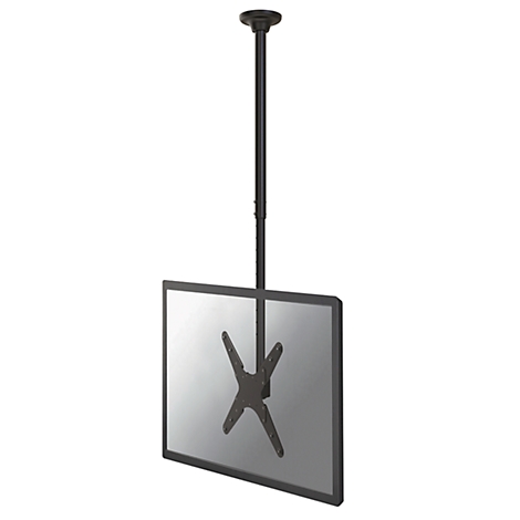 Support de plafond noir avec téléviseur monté. Le téléviseur est suspendu à un poteau depuis le plafond.