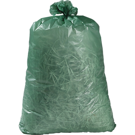 Sac poubelle vert, rempli de déchets de jardin, noué en haut.