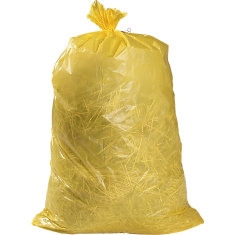 Sac poubelle jaune rempli de matière jaune, noué.
