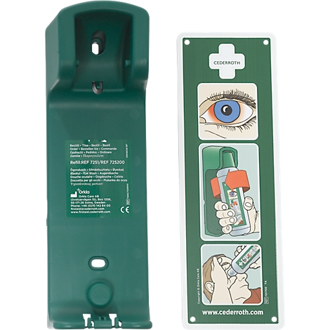 Support vert et panneau avec pictogramme de premiers secours montrant l'utilisation d'une solution oculaire.