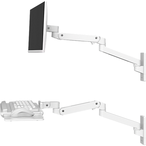 Support mural blanc pour moniteur et clavier avec souris, pivotant.