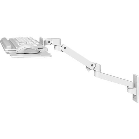 Support de clavier et de souris blanc, fixé au mur, avec plusieurs articulations. Le clavier et la souris sont intégrés.