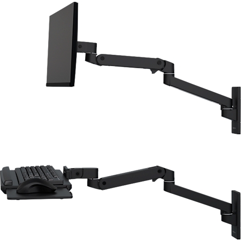 Deux supports muraux noirs pour moniteurs et claviers. Support supérieur avec moniteur, inférieur avec clavier et souris.