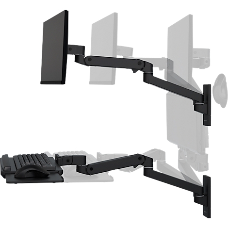Bras de moniteur noir avec clavier, souris et deux écrans. Le bras du moniteur est fixé au mur.