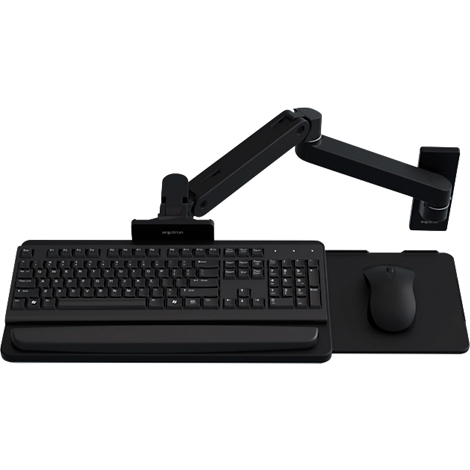 Clavier et souris noirs sur un support fixé à un bras.