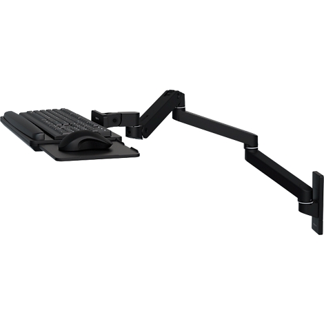 Support mural noir avec clavier, souris et repose-poignet. Le bras est fixé au mur et est réglable de manière flexible.