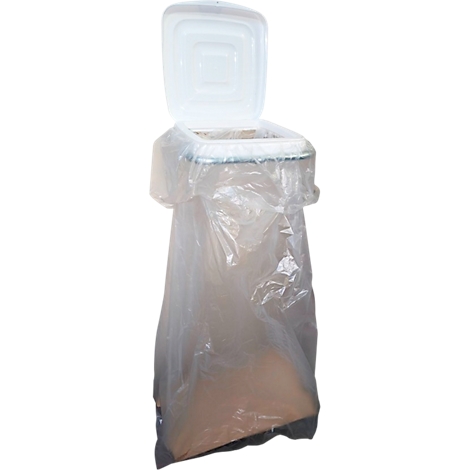 Un sac poubelle transparent avec un couvercle ouvert, rempli de matière marron, placé dans un conteneur blanc.