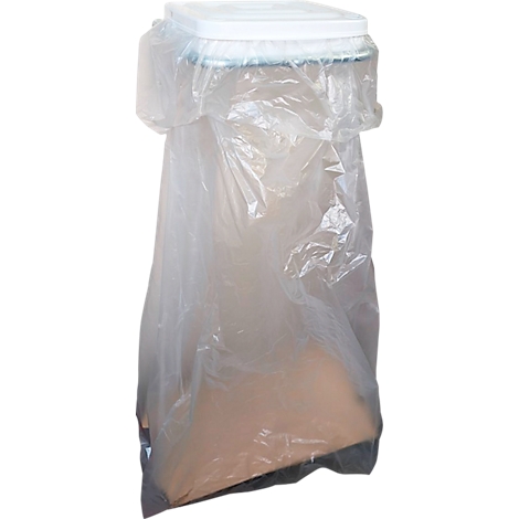 Sac en plastique transparent avec un couvercle blanc, rempli d'un contenu brun.