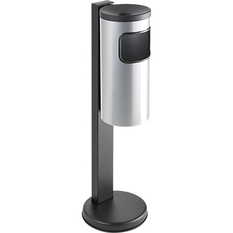 Cendrier en métal, cylindrique, avec base noire. Le conteneur a une ouverture.