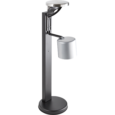 Un lampadaire en métal élégant et moderne, avec une base ronde, un pied droit en colonne et une tête de lampe cylindrique.