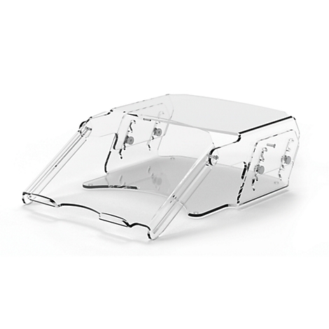 Support de documents en plastique transparent sur fond blanc. Design incliné avec vis argentées.