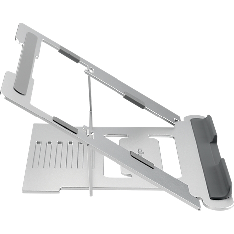Support d'ordinateur portable argenté en métal. Deux supports avec des coussinets en caoutchouc maintiennent l'ordinateur portable en place.