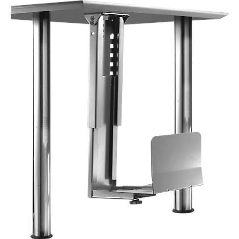 Support PC sous la table. Support en métal, fixé aux pieds de la table.
