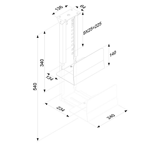 Dessin technique d'un support de plafond. Différentes dimensions sont indiquées sous forme de flèches et de chiffres.