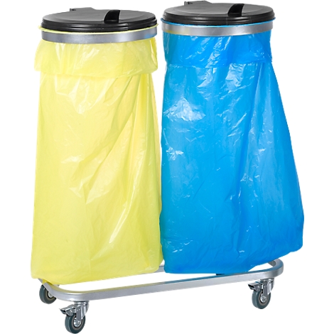 Deux poubelles avec des sacs bleus et jaunes sur un chariot.
