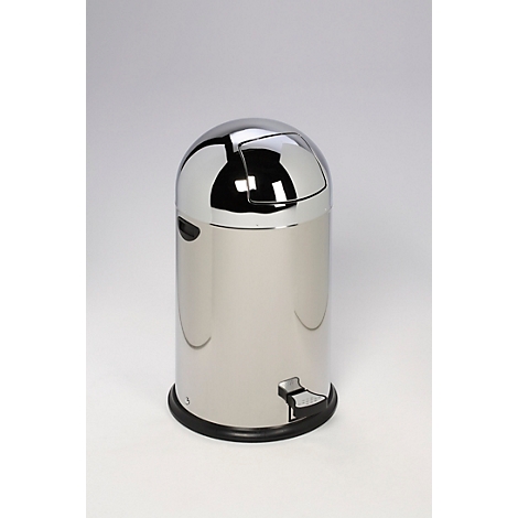Poubelle à pédale en acier inoxydable, brillante, avec un couvercle rond et un pied noir. Le couvercle est légèrement ouvert.