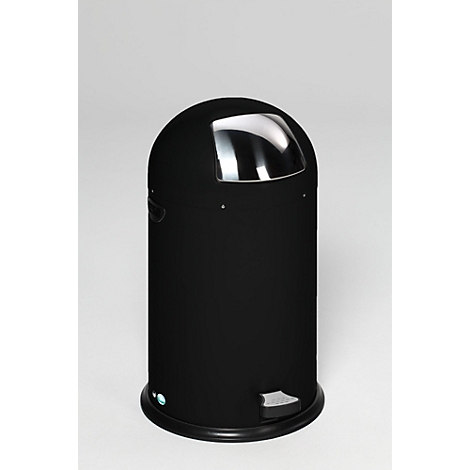 Poubelle noire avec une ouverture semi-circulaire, un dessus en métal et une pédale.