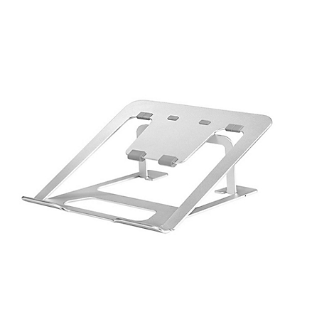 Support d'ordinateur portable argenté incliné avec coussinets en caoutchouc.