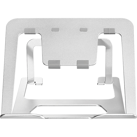 Support d'ordinateur portable argenté. Il possède un support rectangulaire, deux supports et une base.