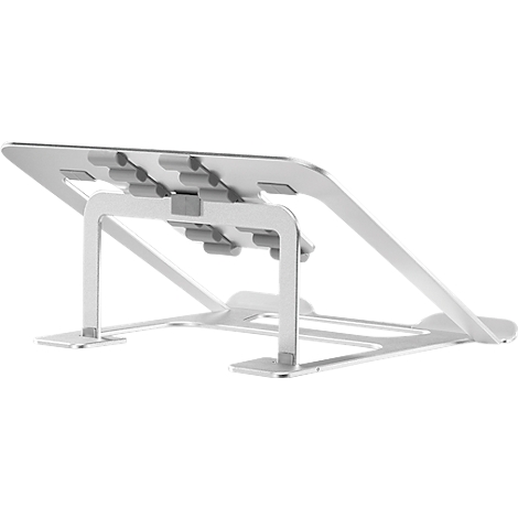 Un support d'ordinateur portable argenté en métal, vu de côté. La surface est inclinée. Des coussinets en caoutchouc sont fixés sur le dessus.