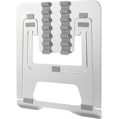 Support d'ordinateur portable argenté. Picots en caoutchouc pour l'adhérence, bords surélevés. Ouvert, en forme de U, avec des coussinets en caoutchouc gris.
