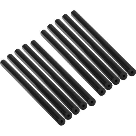 Top view of black rods, aligned slightly diagonally. The rods have a cylindrical shape.