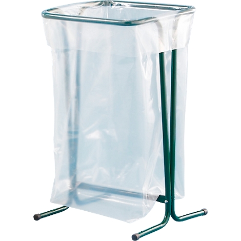 Poubelle avec cadre en métal vert et sac en plastique.