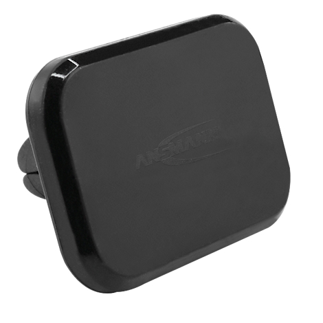 Support de voiture rectangulaire noir avec clip de ventilation et logo de l'entreprise.