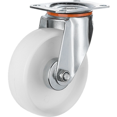 White furniture caster with a metal bracket. Details: wheel, bearing, bracket.