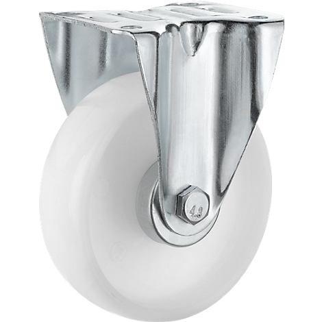 A single furniture caster with a white roller and silver-colored housing. The roller has a screw with the inscription 4.8.