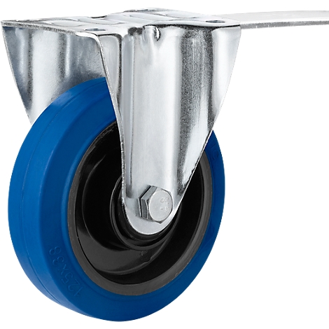Close-up of a caster wheel with blue tire and silver bracket frame. Includes screw for fixing.