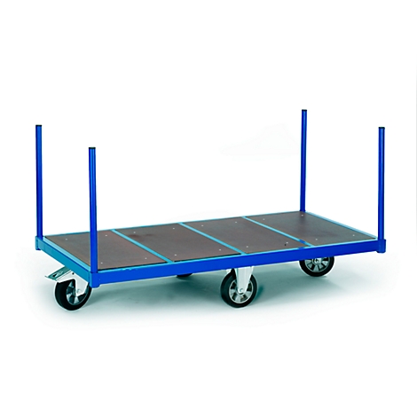 A blue platform trolley on four wheels, with a brown loading area and four upright bars.