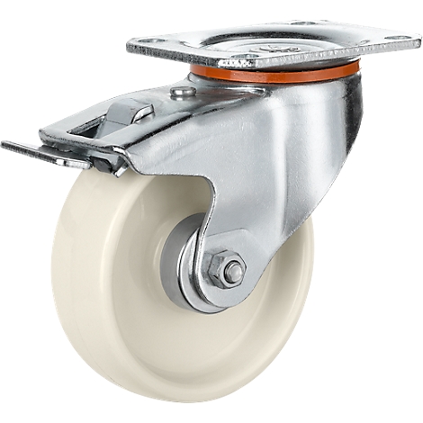 Close-up of a castor wheel. The wheel has a creamy tyre held by a metallic shiny frame. The frame is equipped with a braking device.