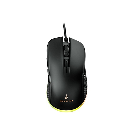 Souris de jeu noire avec câble, logo Surefire. Bas avec lumières colorées.