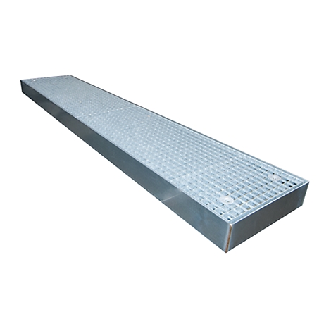 Elongated metal gutter with grating. The surface is made of metal. The product is on a white background.