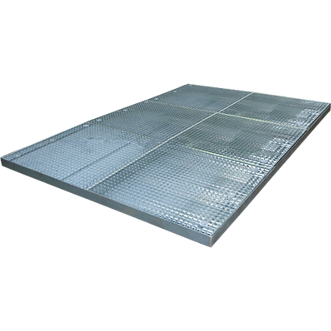 Metal grid plate, rectangular, with square fields and diagonal lines. Silver-colored, photographed slightly from above.