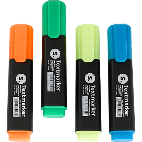 Quatre surligneurs orange, vert, jaune et bleu. Chaque marqueur indique "Textmarker" et possède un code-barres.