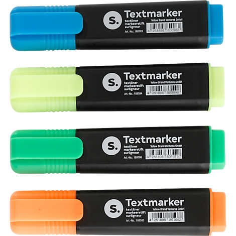 Quatre surligneurs bleus, jaunes, verts et orange, disposés côte à côte.