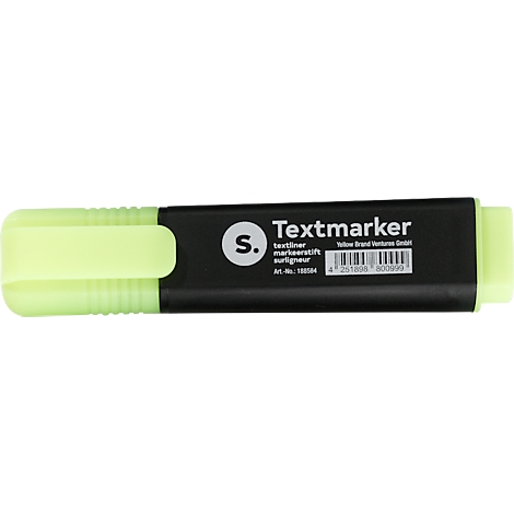 Surligneur vert clair avec boîtier noir; il est écrit 'Textmarker'.