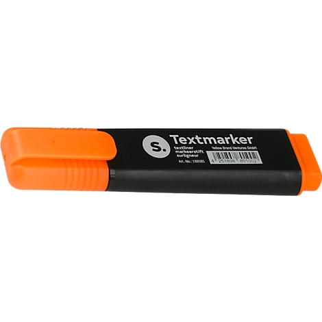 Un surligneur orange et noir est couché en biais. Inscription 'Textmarker'.